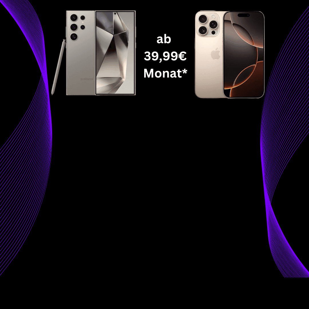 Samsung and Apple smartphones with monthly price offer on a black background with purple abstract lines.